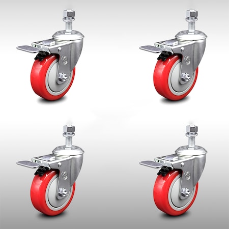 Service Caster 4 Inch SS Red Polyurethane 1/2 Inch Threaded Stem Caster Set Total Lock Brake SCC-SSTSTTL20S414-PPUB-RED-121315-4